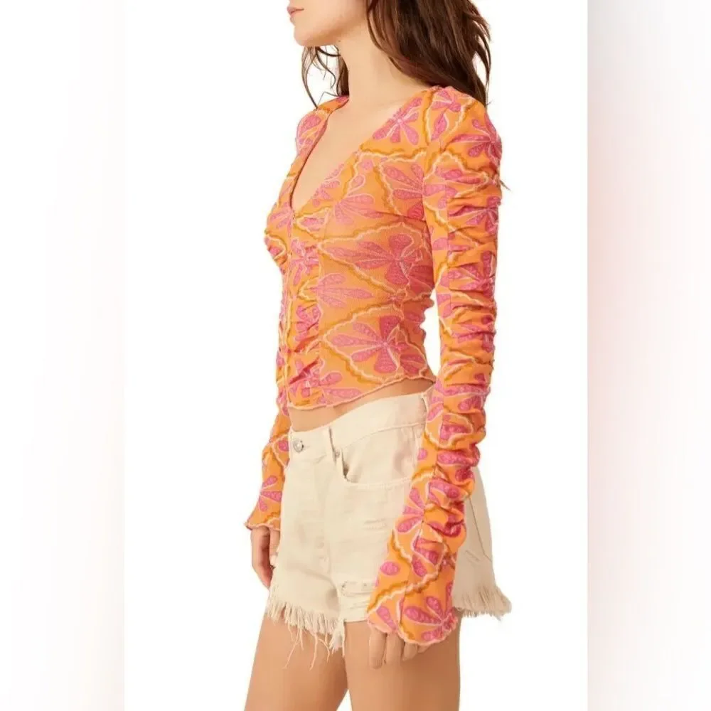 Free People NWT Through The Meadow Ruched Mesh Top in Grapefruit Seltzer size M